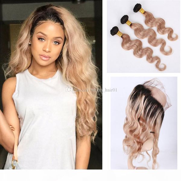 

8a brazilian ombre hair extensions with 360 lace fronta closure body wave #1b #27 honey blonde ombre 360 full lace closure with bundles, Black;brown