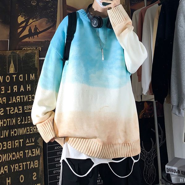 

korean gradient sweater men's warm fashion casual o-neck knitted pullover men wild loose knitting sweaters mens clothes -2xl, White;black
