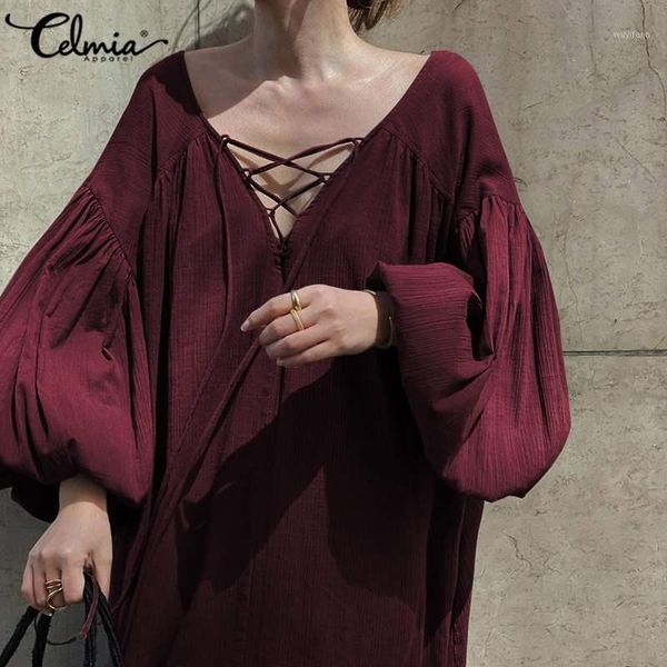

celmia backless dress women long lantern sleeve maxi dresses women sv-neck lace up casual solid ruffles party sundress 5xl1, Black;gray