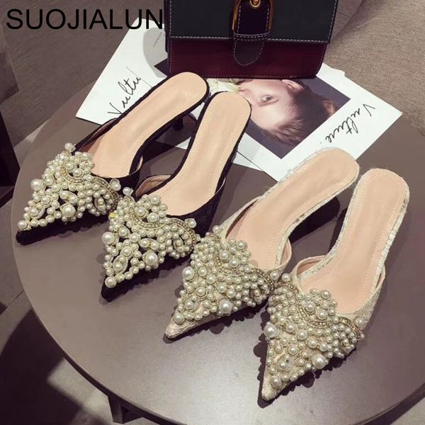 

suojialun women designer slipper slides ladies brand luxury slippers women dress mules shoes low heel pointed toe pearl slippers x1020, Black