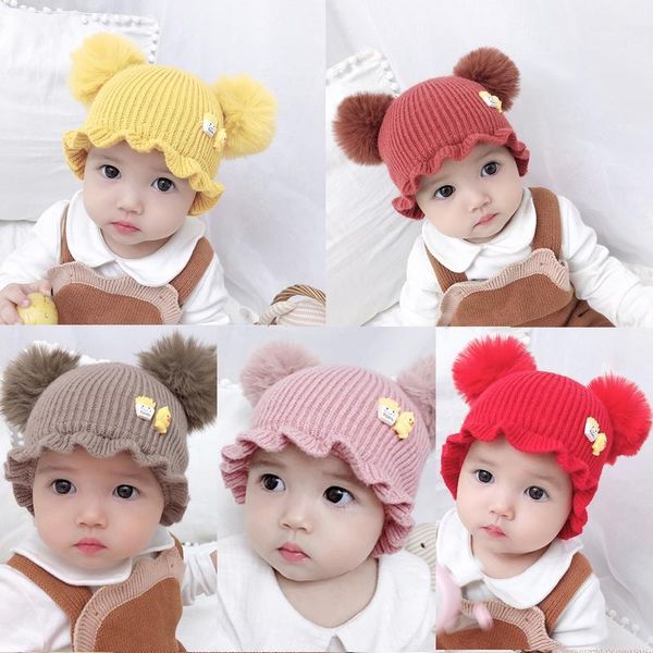 

hair accessories toddler baby girls boys hats autumn winter keep warm hat double fur ball crochet knit children kids beanie cap1, Slivery;white