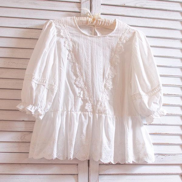 

lace lolita lace lacing puff sleeve high waist doll shirt cotton female sweet blouse1, White