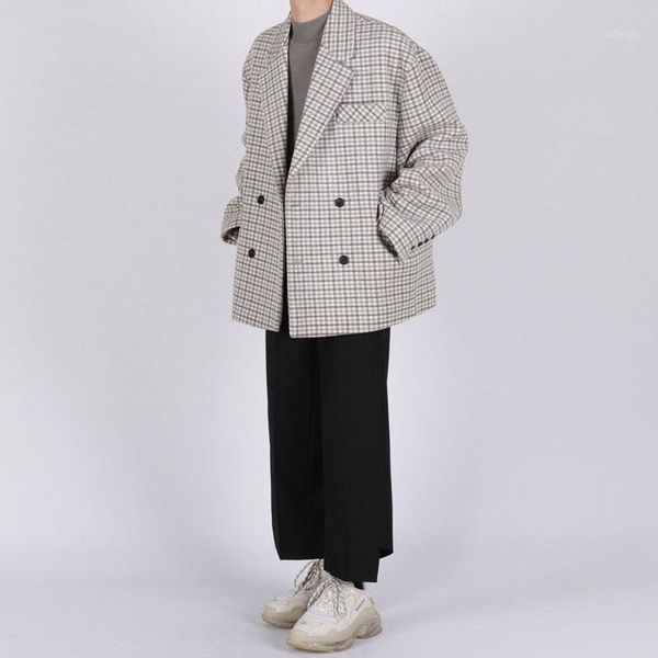 

men vintage fashion casual wool loose plaid suit blazer coat outerwear male women streetwear hip hop suit jacket couple clothing1, White;black