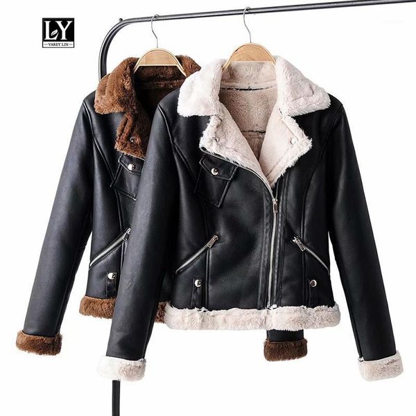 

ly varey lin winter warm faux lamb leather jacket women turndown collar pu moto zipper faux lamb leather thick jacket outerwear1, Black