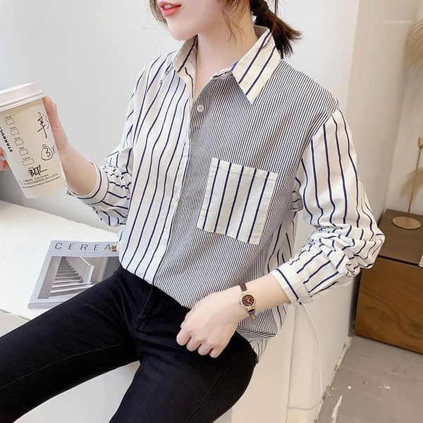 

2020 autumn stripe long-sleeve shirts for women all-match temperament slim fashionable stitching blouse female1, White
