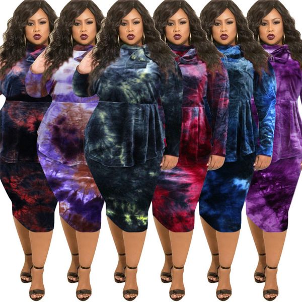 

tie dye panelled ol style plus size dress bowknot asymmetrical knee length dress autumn winter female clohting