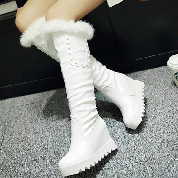 

large sizes 43 female snow boot leisure height increasing platform heels keep warm plush fur winter knee high boots women shoes, Black