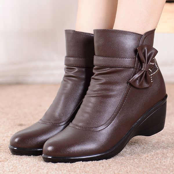

ladies boots leather bow-knot comfortable winter boots for women soft plush ankle boots women with heels wedge 201021, Black