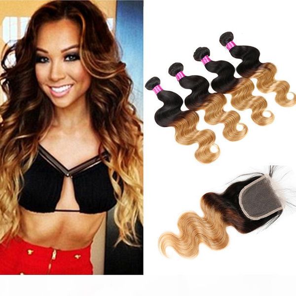 

ombre peruvian body wave hair with closure ombre human hair bundles with lace closure blonde virgin hair bundles with closure, Black;brown