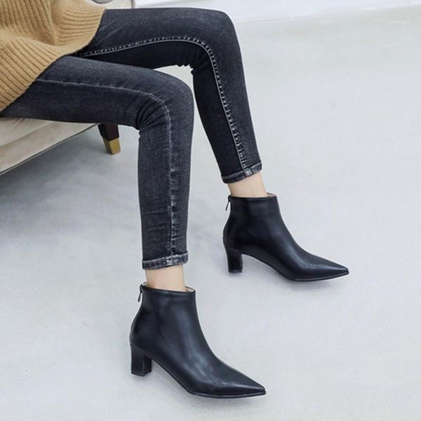 

new 2020 autumn winter fashion woman zipper ankle boots thick heel women leather short boots pointed toe 32-431, Black