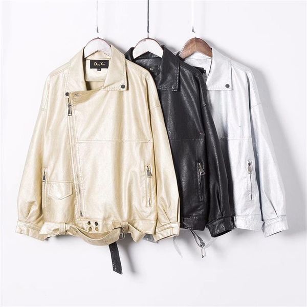 

2021 new arrival korean style chic motorcycle jacket pu zipper loose ladies' leather jackets with sash ing, Black
