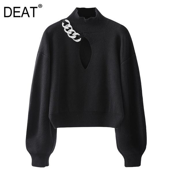 

[deat] spring autumn new fashion tide solid color long sleeve turtleneck hollow out chain knitting sweater women 13u856 201221, White;black