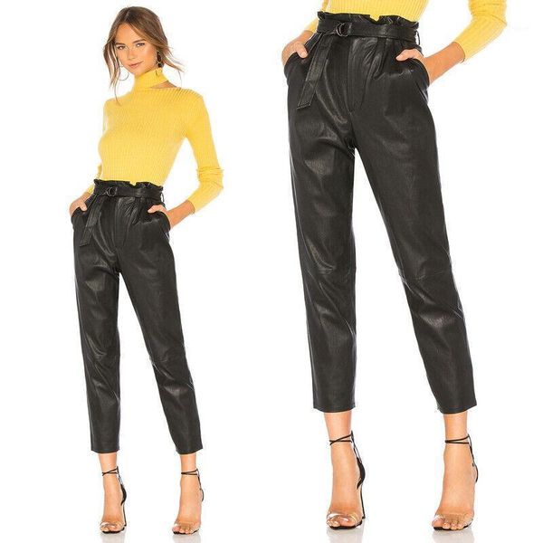 

fahion pants women black pu leather pants high waist belt pencil trouser casual skinny pantalon femme streetwear 2020 autumn new1, Black;white