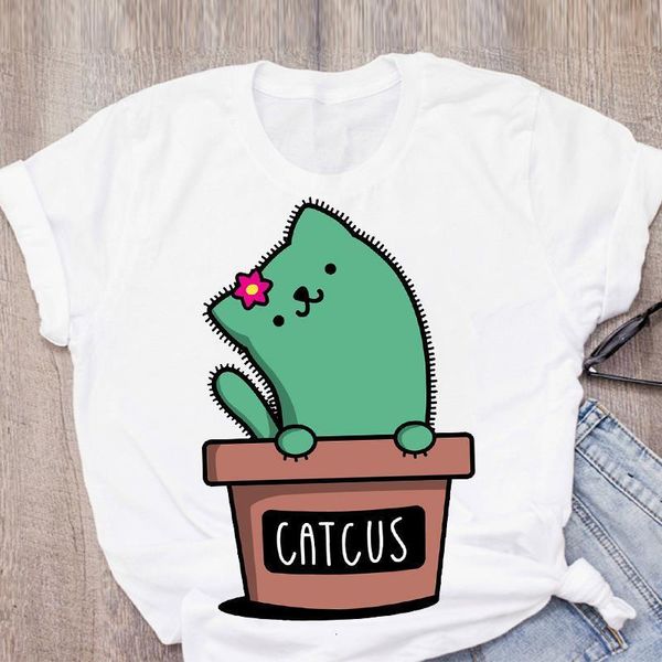 

women cactus fashion cat cute plant fashion short sleeve summer lady t-shirt shirt womens clothing tees female t shirt, White