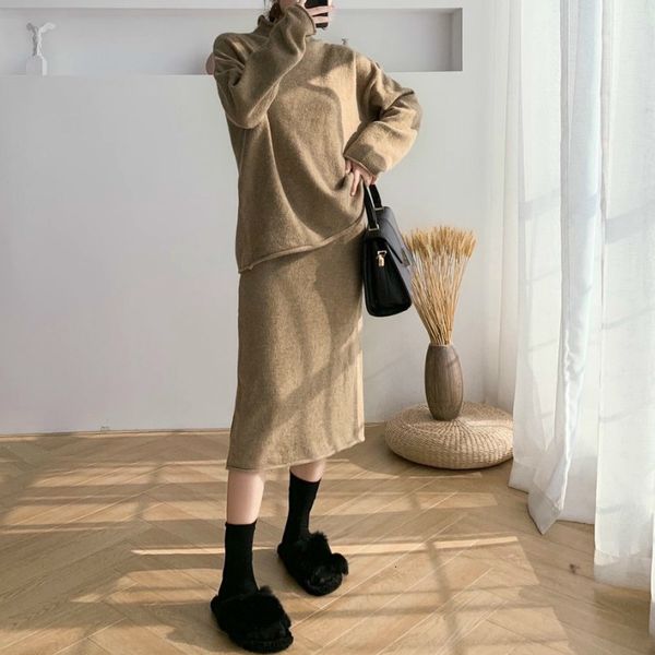 

2021 new female two oversized ensemble mock neck feminine pullover at knee height the line skirts of lady winter suits grk3, Gray