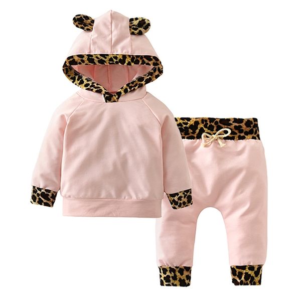 

winter autumn kids baby girl clothes leopard print hooded princess sweatshirt +pant legging 2pcs clothing set 0-2y 201031, White