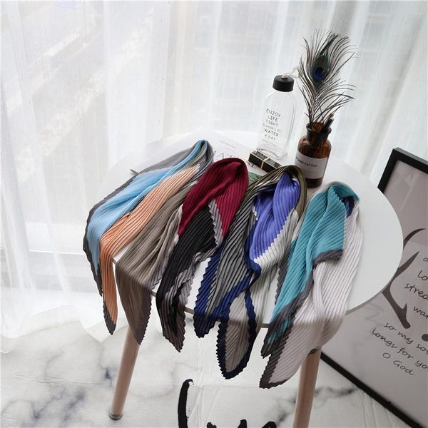 

scarves euro fashionable pleated satin silk scarf for ladies color block printed women handkerchiefs small shawls tie 42x94cm, Blue;gray