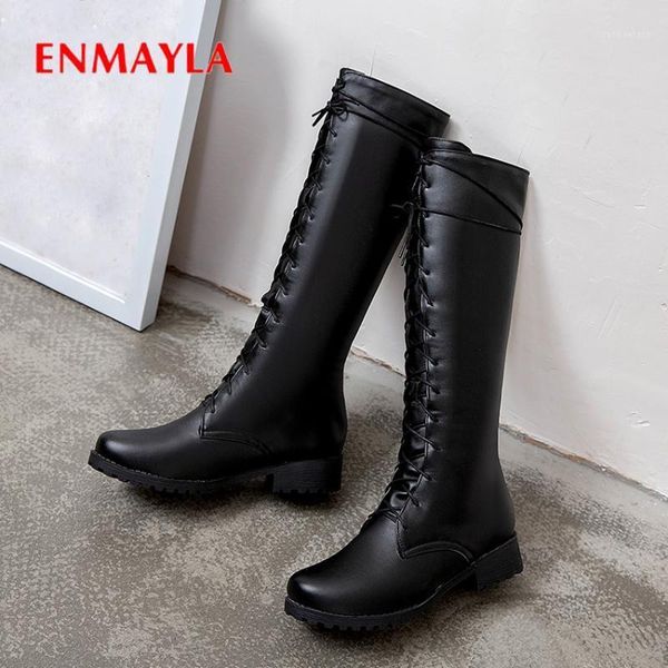 

boots enmayla square heel lace-up motorcycle knee-high round toe pu women med solid short plush cross-tied thigh high boot1, Black