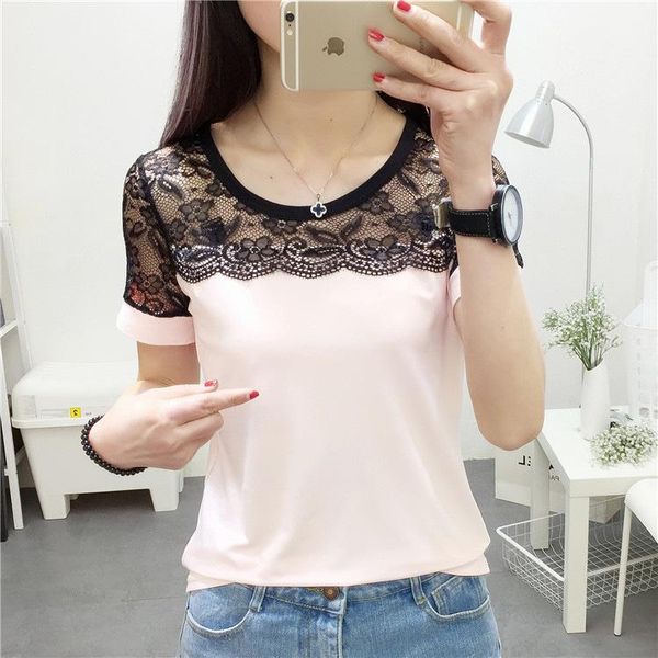 

women's blouses & shirts 5xl plus size 2021 summer women fashion short sleeve o-neck slim lace blouse floral patchwork casual, White