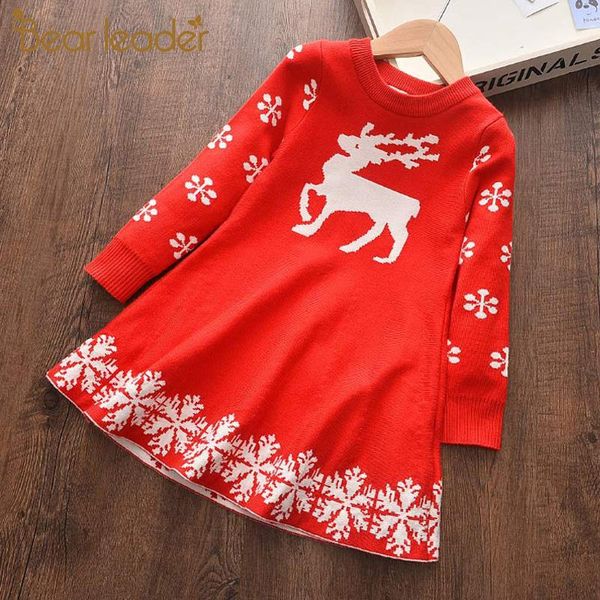 

bear leader new year girls knitted dress autumn winter clothes kids dress for little girl princess cotton warm christmas dresses, Red;yellow
