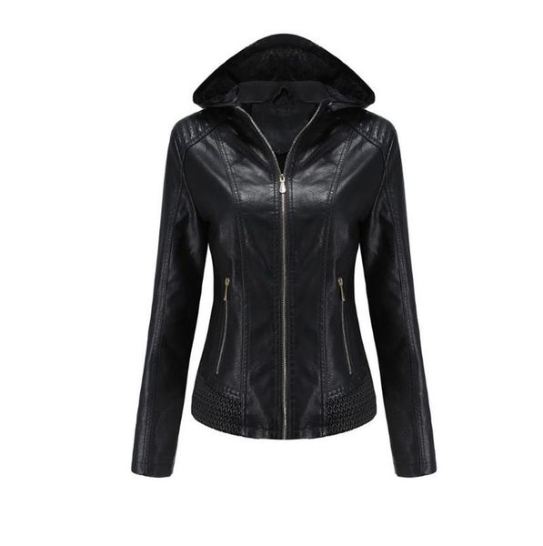 

women's leather & faux jacket plus velvet warm locomotive jackets slim hooded women winter coats 2021 autumn female, Black