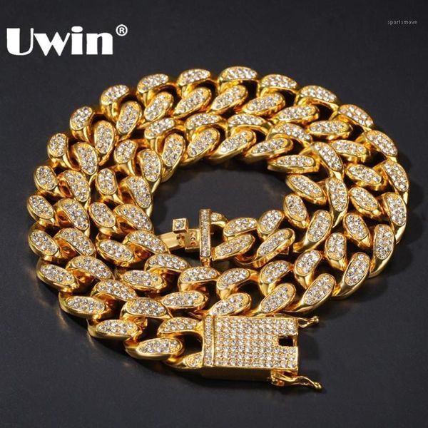 

chains uwin alloy with iced out rhinestones necklace 20mm heavy miami cuban link chain hiphop gold color fashion jewelry for men1, Silver
