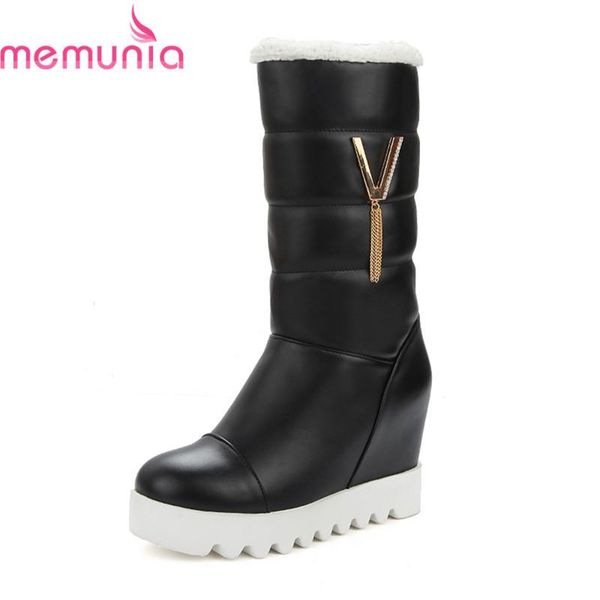 

memunia new arrival 2020 pu leather boots round toe height increasing heels boots slip on women's mid calf big size 32-43, Black
