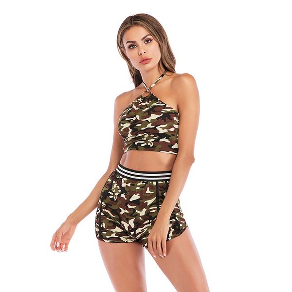 

женская спортивная фитнес цифровая печать камуфляж halter viest йога костюм, Gray
