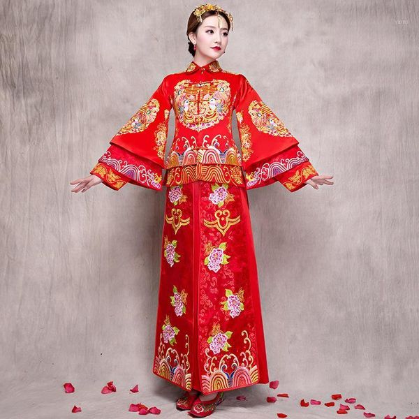 

red chinese wedding bride cheongsam traditional style marry evening dress embroidery long qipao womens clothing size s - xxxl1
