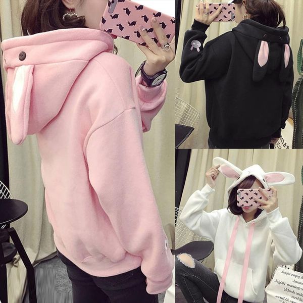 

kawaii sweet rabbit ears hooded sweatshirt women harajuku hoodies loose embroidery cartoon tracksuits pullovers moletom plus xxl, Black