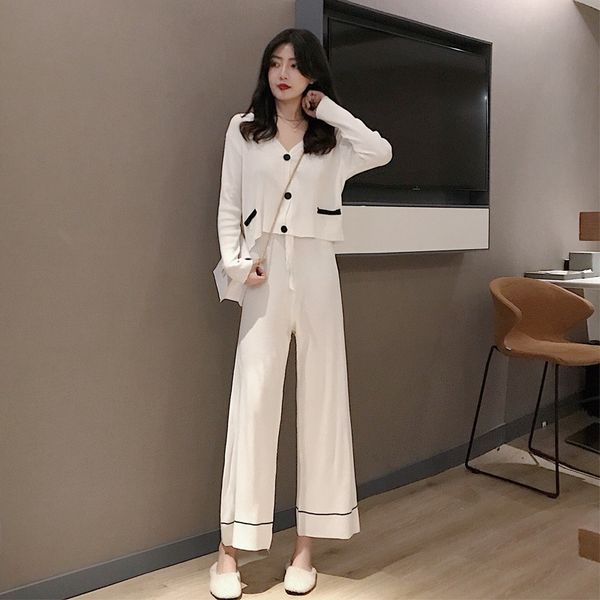 

2020 autumn new celebrity small fragrance net red knitted sagging pants pantswide leg pantswide leg pants fashion two piece set prnw, Gray
