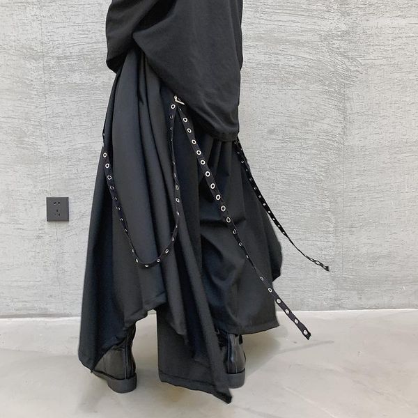 

men wide leg pants ribbon dark black casual pants male women japan streetwear punk gothic harem trousers kimono skirt1