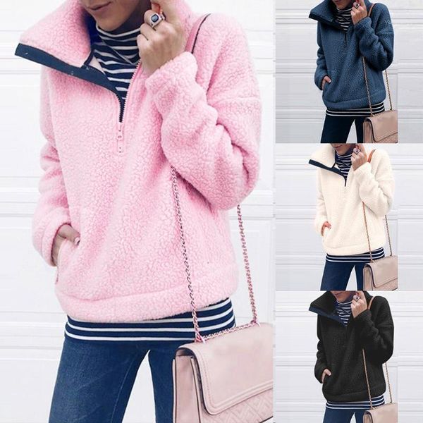

2019 autumn winter pullover thickening women winter casual solid color stand collar zip up pullover fur sweatshirt 1, Black