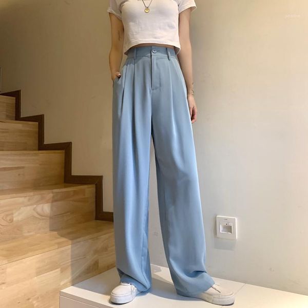 

hzirip high waist straight wide leg pants women 2020 new autumn summer bottoms solid loose casual full length suit pants1, Black;white