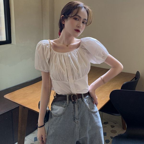 

new korean style a word collar plied harvest female lady in the white office loosen thin cotton bubble sleeve off shoulder shirt nm2y