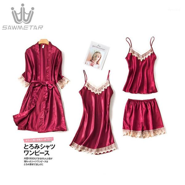 

women pajamas 4 pieces sets summer satin sleepwear silk home wear home clothing embroidery sleep lounge nightwears for lady1, Black;red