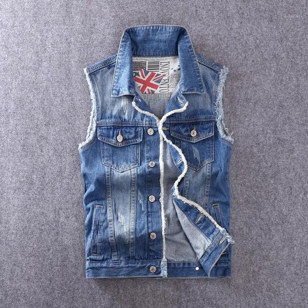 

british style fashion men vest blue slim fit ripped denim vests men patches designer sleeveless hip hop chaqueta homme veste1, Black;white