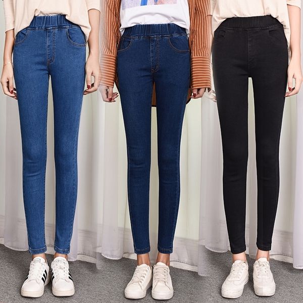 Plus size 4xl 5xl azul jeans preto mulheres cintura elástica esticar skinny jeans casual mãe calças nova outono 201030