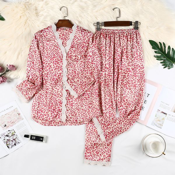 

leopard satin silky sleepwear 2 pieces pajamas suit for women casual nightwear shirt&pants soft lounge wear home clothes, Black;red