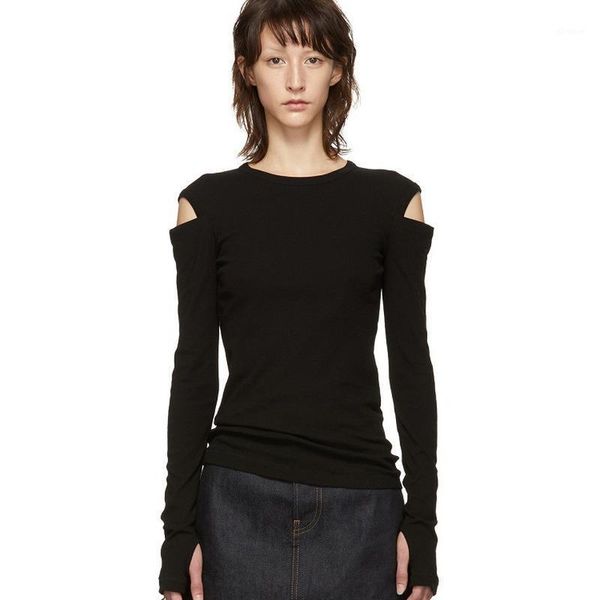 

casual women t-shirt o neck long sleeve hollow out off shoulder slim t shirt female fashion clothing 2021 tide1, White
