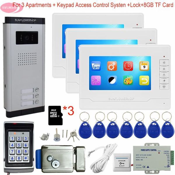 

video door phones keypad access control 7inch intercom with recording+8gb tf card 3 monitors house + electric lock1