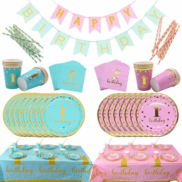 

boy girl 1st decor disposable tableware kit blue pink plate cups napkins baby shower kids birthday party supplies