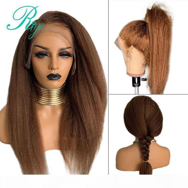 

13x6 150% yaki honey blonde kinky straight color wig lace front human hair wigs for black women preplucked brazilian remy hair, Black;brown
