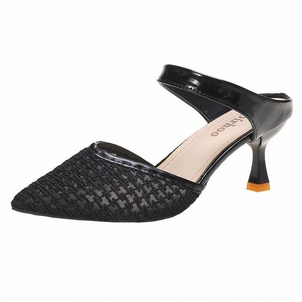

2020 new women's mesh office high-heeled slippers summer outdoor semi-trail pointed toe thin heels slippers casual womens shoes #oo0a, Black