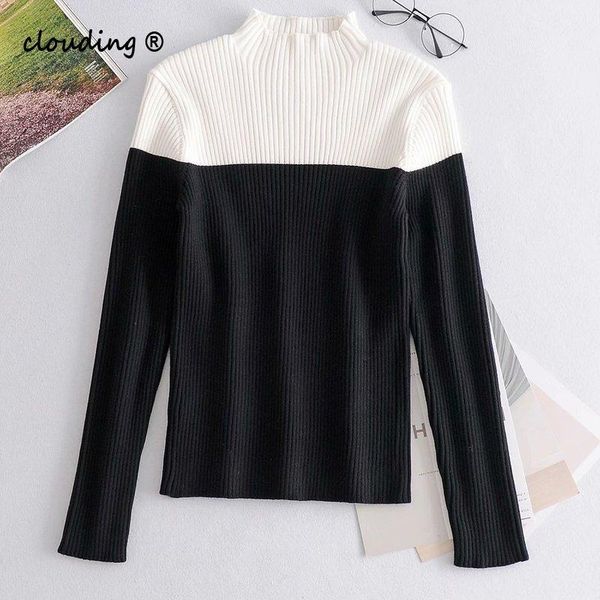 

women's sweaters fall sleeves cotton slim black and autumn spring white contrast color 2021 little turtleneck basic female sweater, White;black