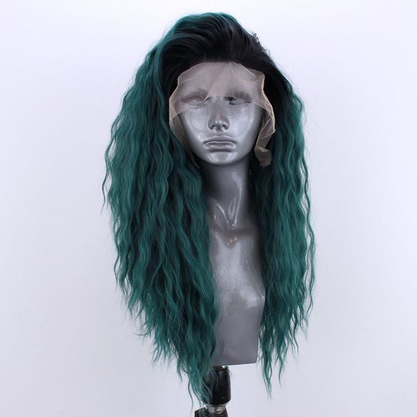 

new fashion ombre green brazilian full lace front wig long natural water wave heat resistant hair synthetic wigs, Black