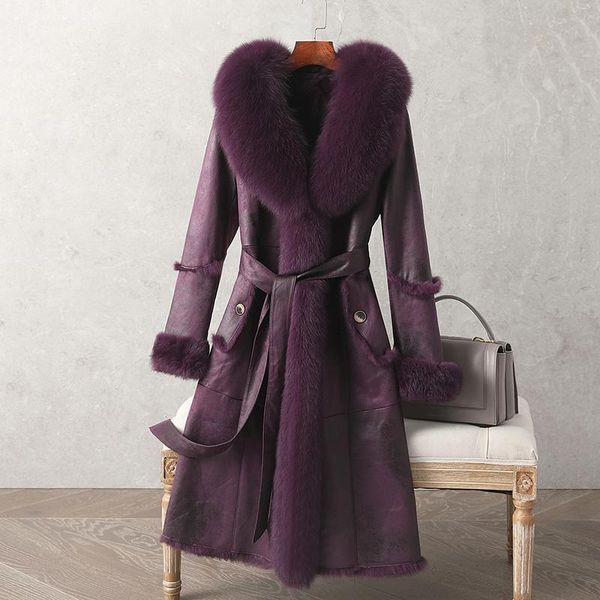 

women's fur & faux 2021 double face garment women mid-length winter genuine leather collar cuffs coat warm clothing, Black