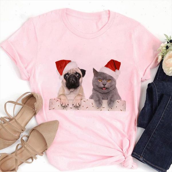 

zoganki women fashion cartoon short sleeve tshirts merry christmas funny cat dogs print pink t shirt female casual, White