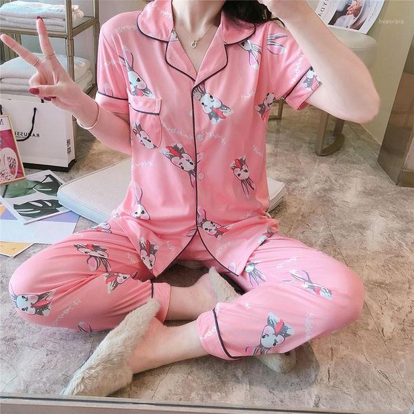 

summer women pajamas short-sleeved trousers cardigan lapel button suit casual furniture clothing1, Black;red