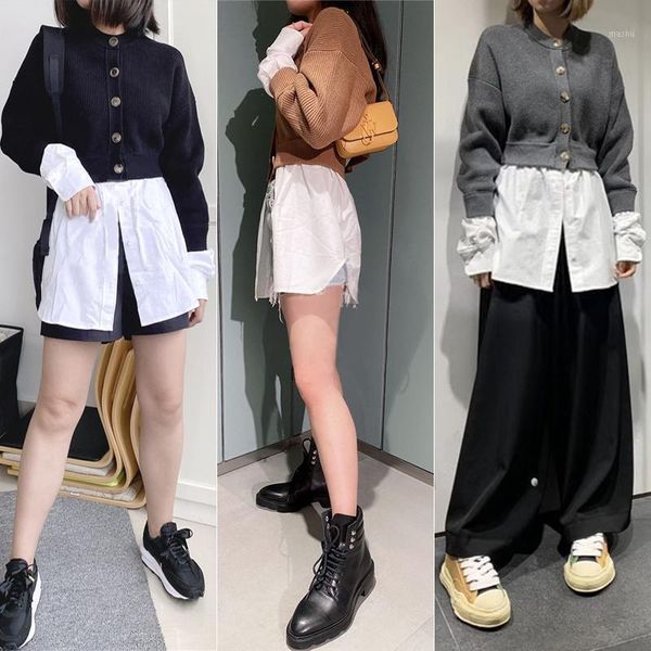 

fake two piece set women knitted sweater 2020 new fashion ladies patchwork shirt knitwear single-breasted clothes1, White